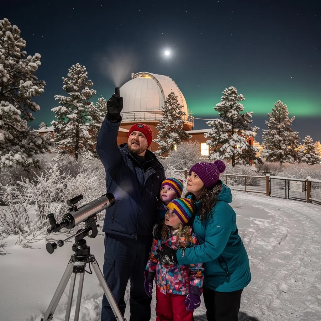 Тelescope, направленный на ночное небо, усеянное звездами.