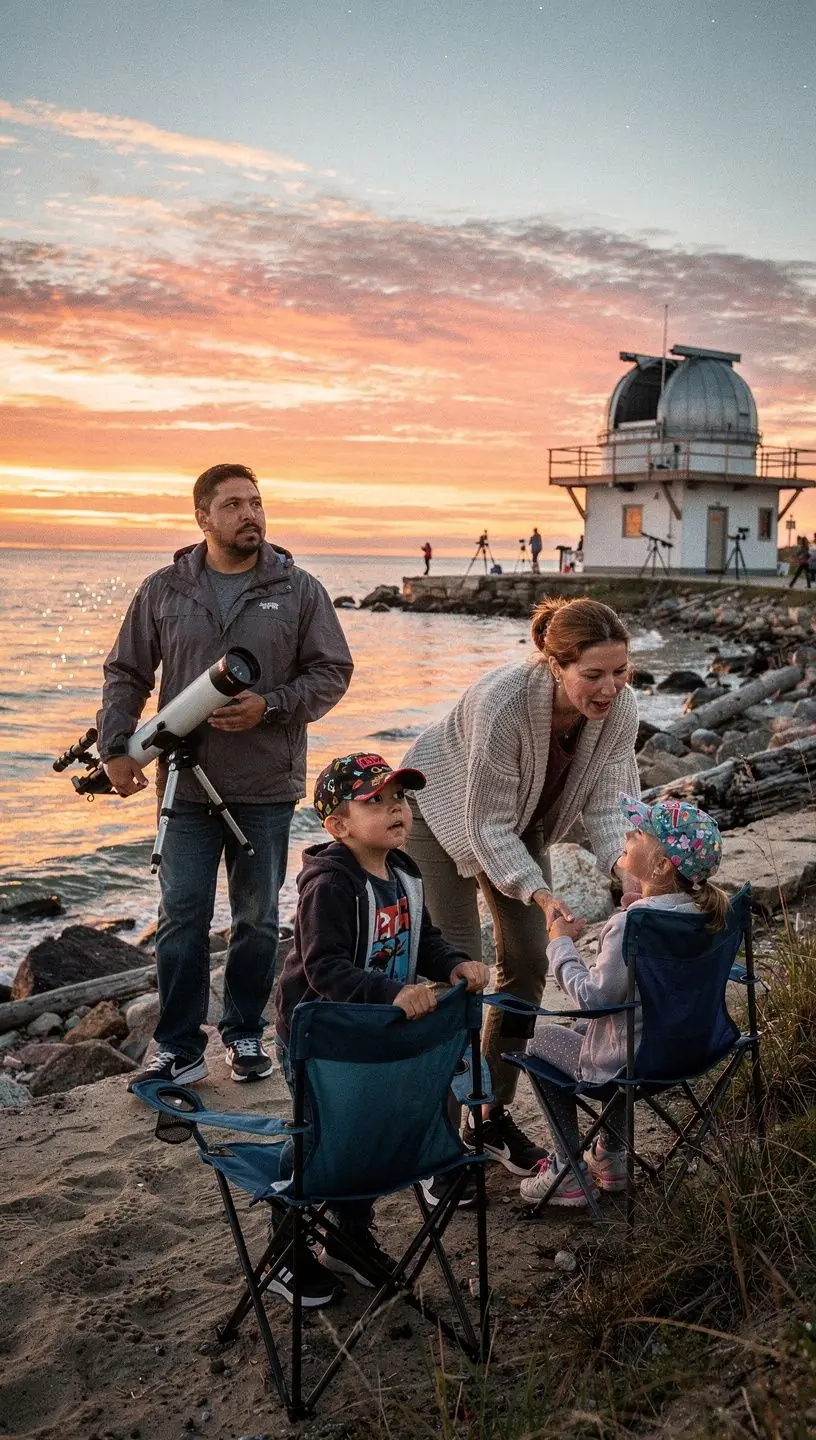 Группа людей слушает лекцию о космосе в зале обсерватории.