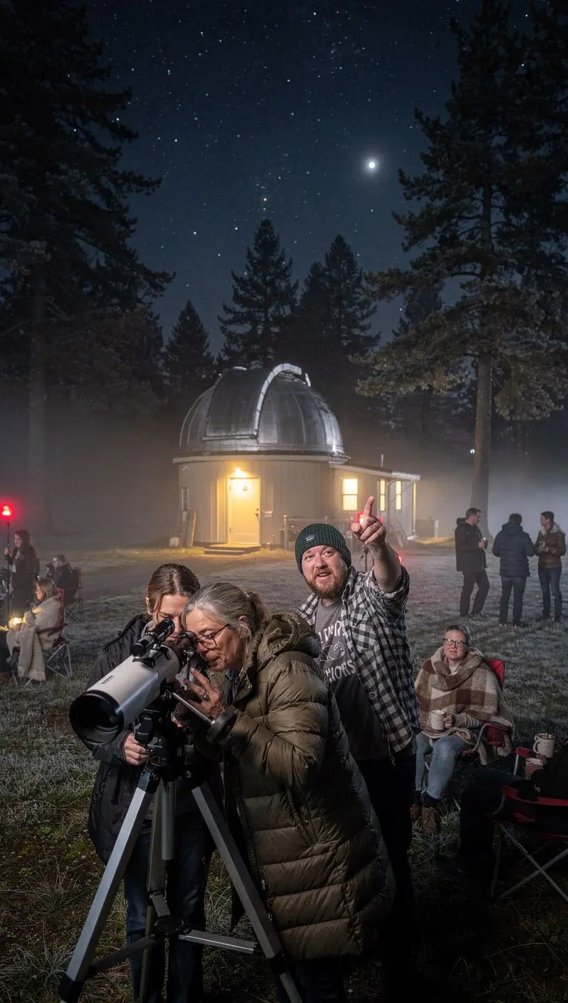 Вид на обсерваторию, окруженную ночным небом, полным звезд.