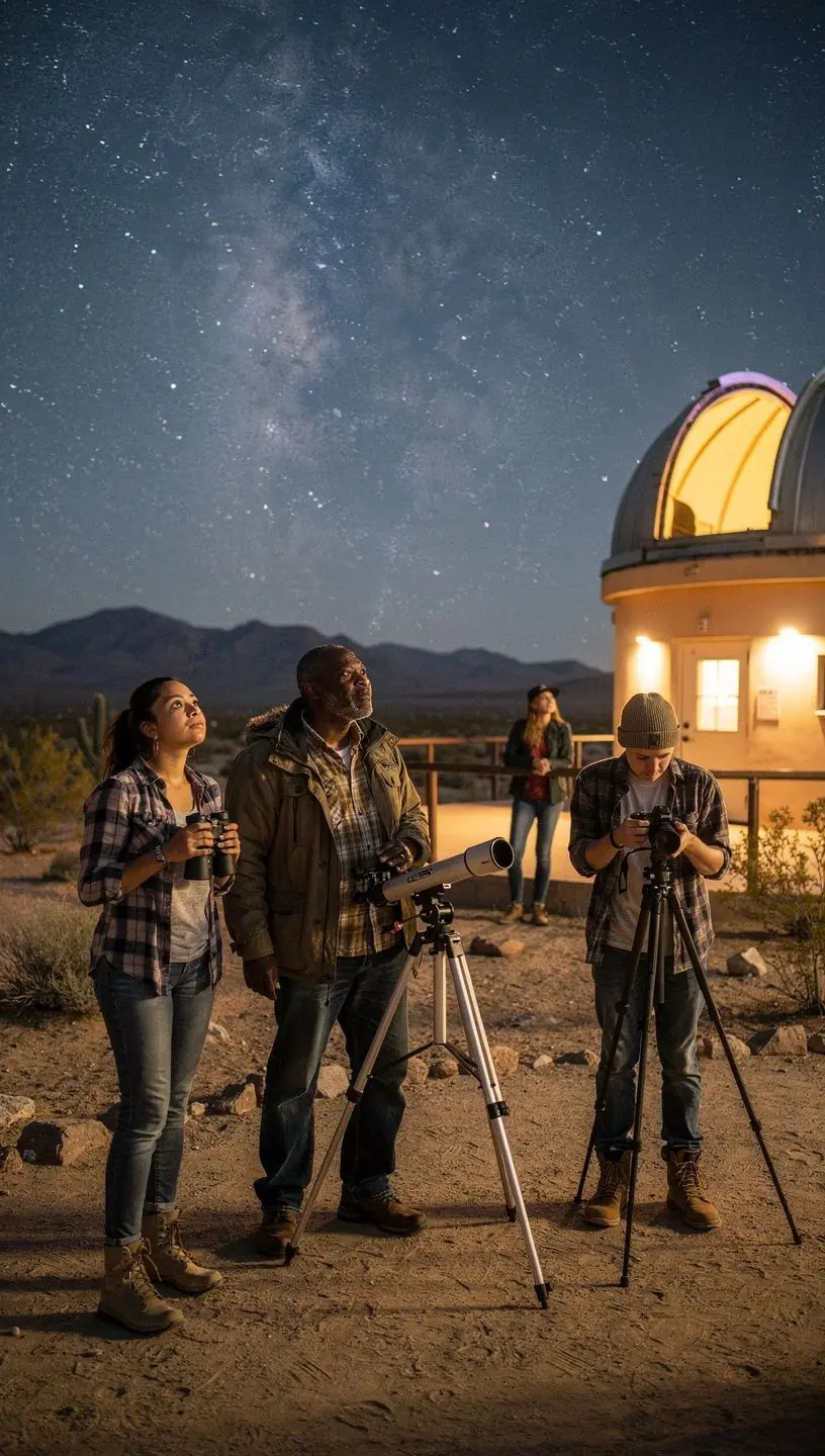 Посетители обсерватории наблюдают за звездами через телескоп.