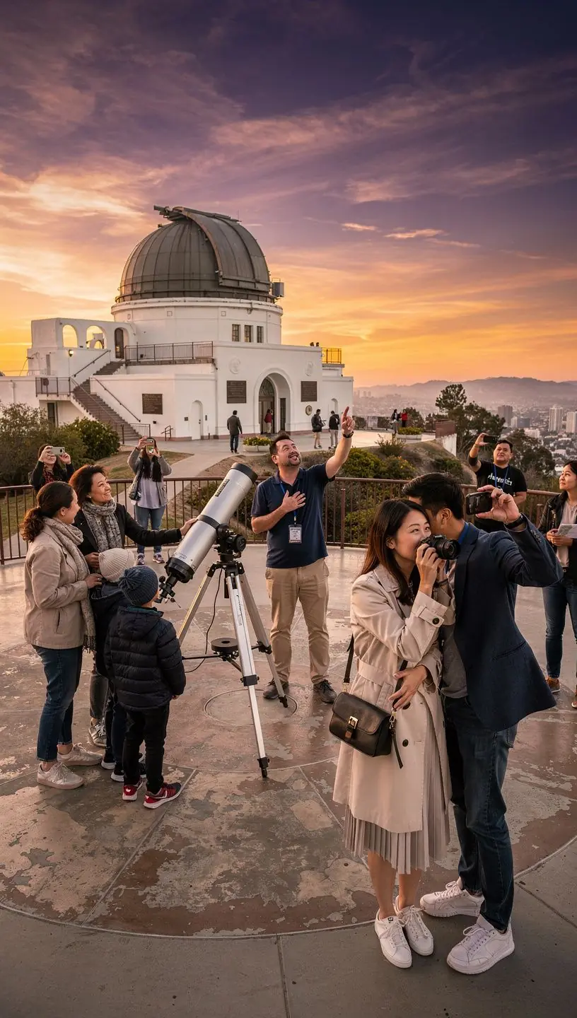 Посетители обсерватории наблюдают за звездами через телескоп.