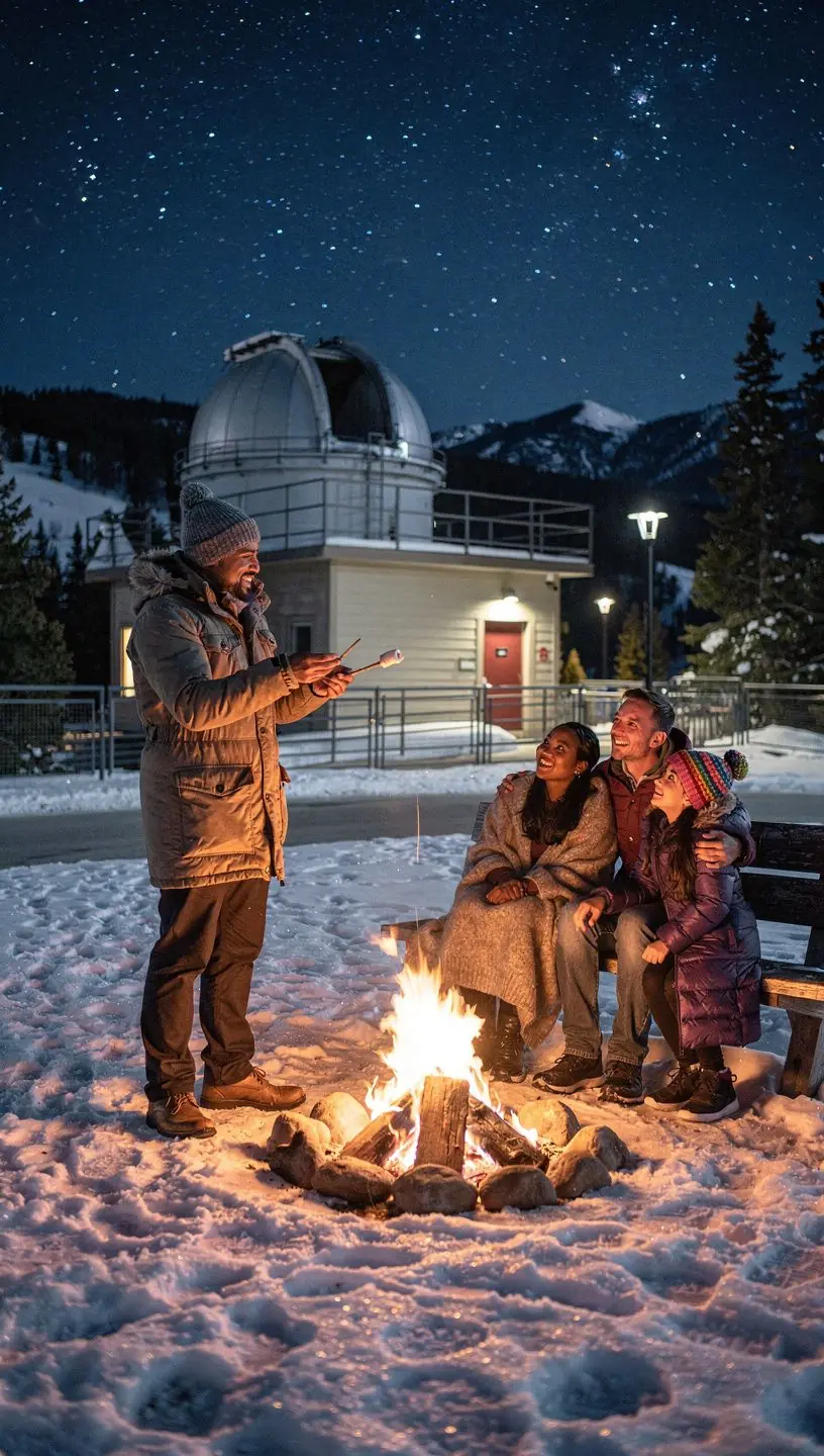 Посетители обсерватории наблюдают за звездами через телескоп.