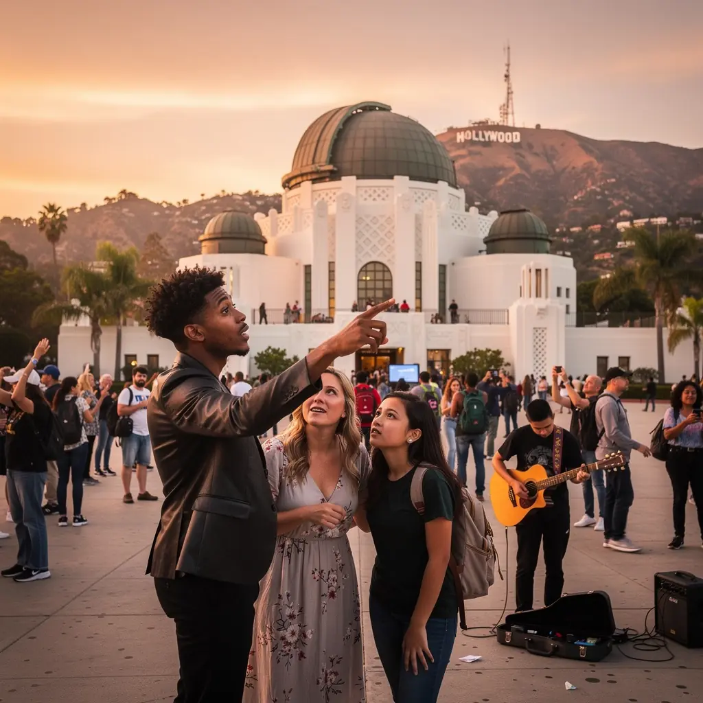 Посетитель наблюдает за звездами через телескоп в обсерватории.