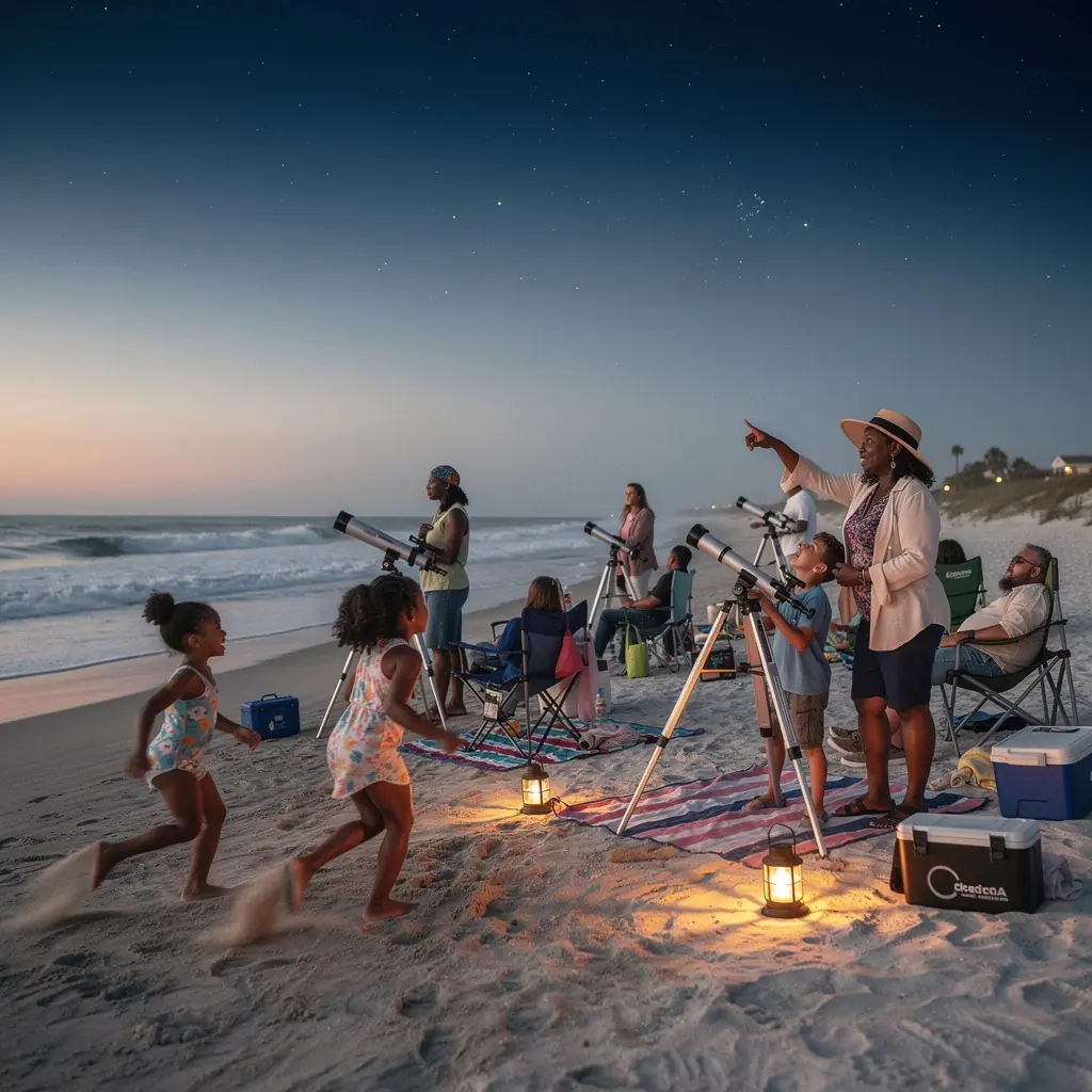 Телескоп, направленный на планету, с яркими звездами на фоне.
