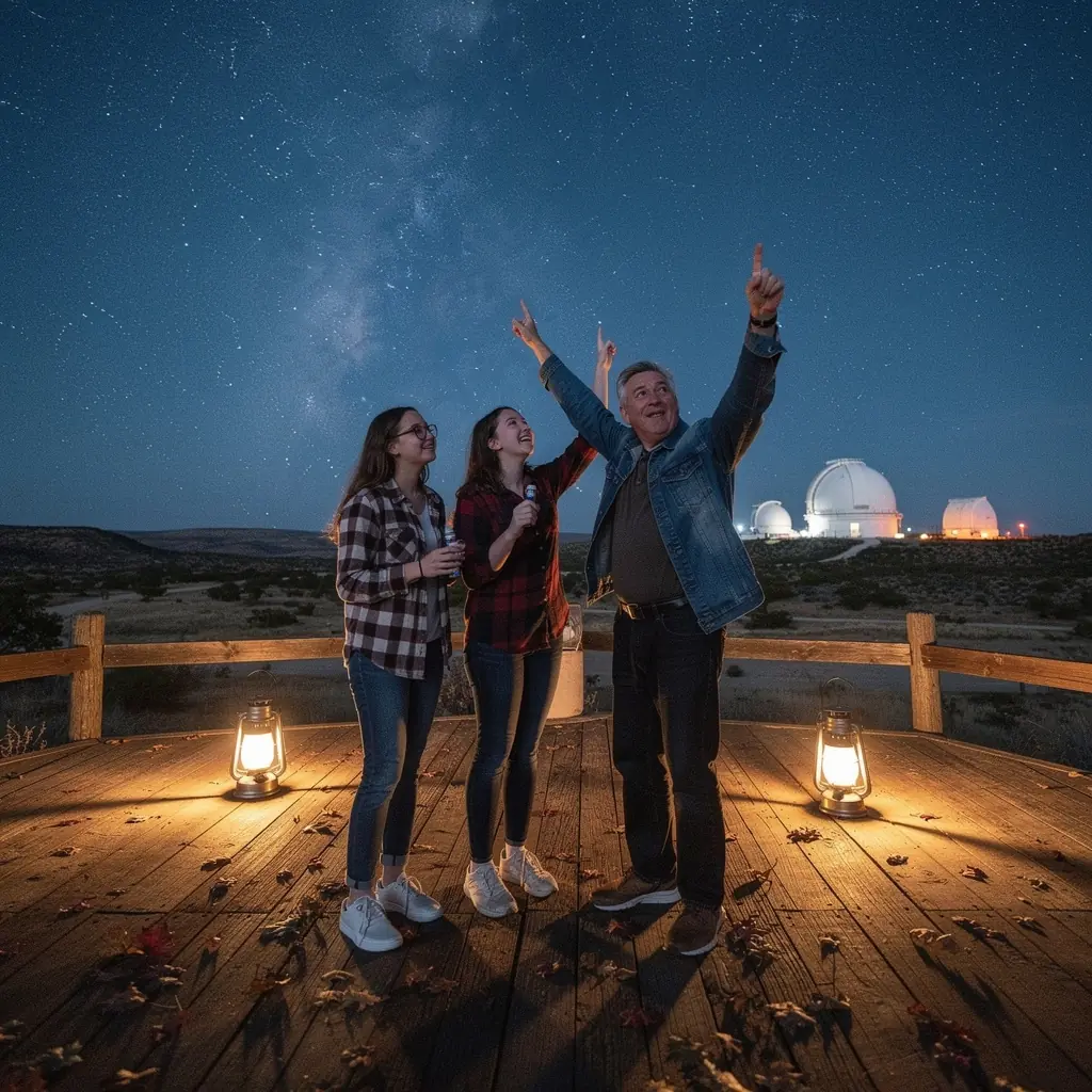 Посетители обсерватории, наблюдающие за звездами через телескоп.